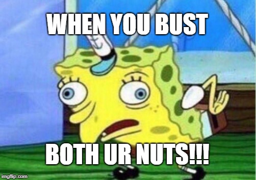 Mocking Spongebob | WHEN YOU BUST; BOTH UR NUTS!!! | image tagged in memes,mocking spongebob | made w/ Imgflip meme maker