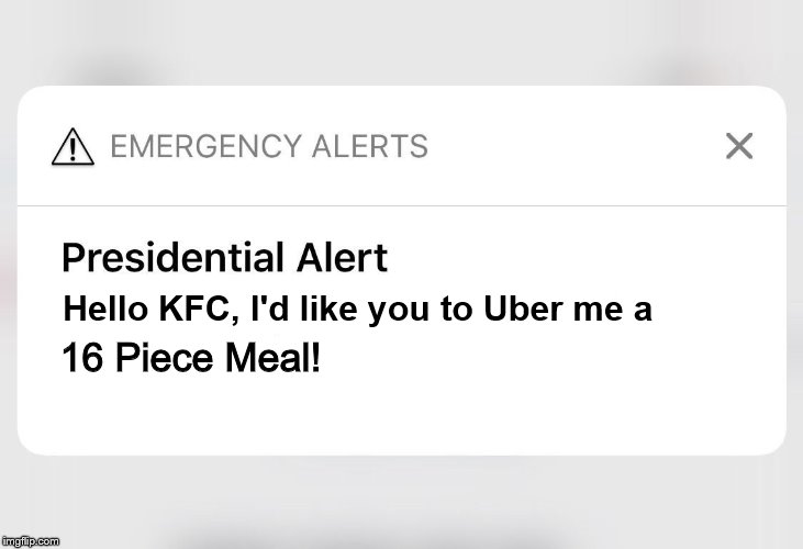 Second trump Presidential Alert! | Hello KFC, I'd like you to Uber me a; 16 Piece Meal! | image tagged in trump is a moron,donald trump the clown,presidential alert,alert,emergency,fema | made w/ Imgflip meme maker