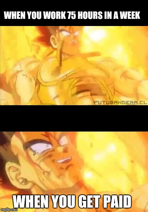 Vegeta Dead | WHEN YOU WORK 75 HOURS IN A WEEK; WHEN YOU GET PAID | image tagged in vegeta dead | made w/ Imgflip meme maker