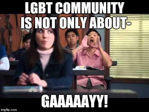ha gay | LGBT COMMUNITY IS NOT ONLY ABOUT-; GAAAAAYY! | image tagged in ha gay | made w/ Imgflip meme maker