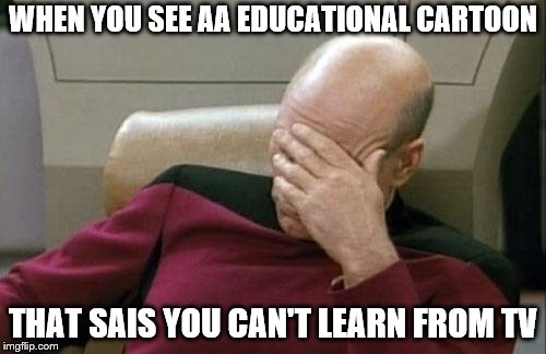 Captain Picard Facepalm | WHEN YOU SEE AA EDUCATIONAL CARTOON; THAT SAIS YOU CAN'T LEARN FROM TV | image tagged in memes,captain picard facepalm | made w/ Imgflip meme maker