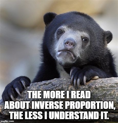 Confession Bear Meme | THE MORE I READ ABOUT INVERSE PROPORTION, THE LESS I UNDERSTAND IT. | image tagged in memes,confession bear | made w/ Imgflip meme maker