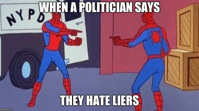 spiderman pointing at spiderman | WHEN A POLITICIAN SAYS; THEY HATE LIERS | image tagged in spiderman pointing at spiderman,memes,funny,spiderman | made w/ Imgflip meme maker
