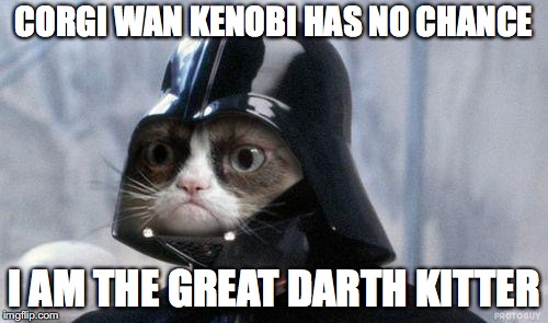 no chance | CORGI WAN KENOBI HAS NO CHANCE; I AM THE GREAT DARTH KITTER | image tagged in memes,grumpy cat star wars,grumpy cat | made w/ Imgflip meme maker