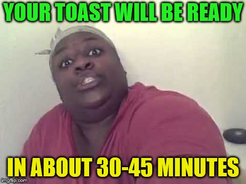 YOUR TOAST WILL BE READY IN ABOUT 30-45 MINUTES | made w/ Imgflip meme maker