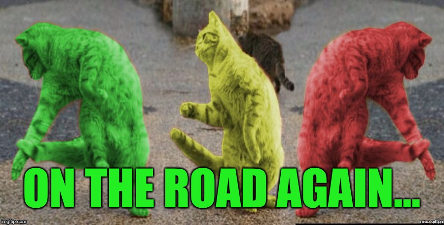 Three Dancing RayCats | ON THE ROAD AGAIN... | image tagged in three dancing raycats | made w/ Imgflip meme maker