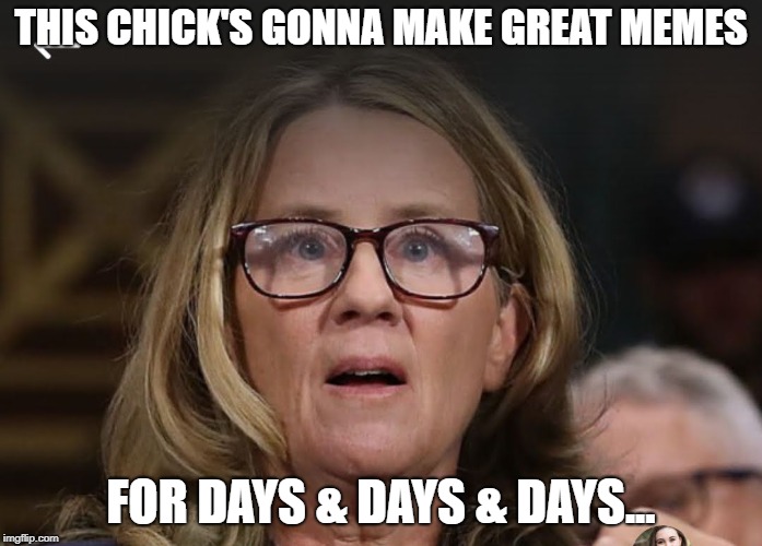 The new adventures of the old Christine! | THIS CHICK'S GONNA MAKE GREAT MEMES; FOR DAYS & DAYS & DAYS... | image tagged in christine blasey ford,brett kavanaugh,senate,political meme | made w/ Imgflip meme maker
