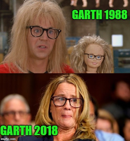 Garth From Wayne's World 1988 and Now in 2018 - Dr. Ford | GARTH 1988; GARTH 2018 | image tagged in dr ford,garth wayne's world,political meme,funny memes,memes,brett kavanaugh | made w/ Imgflip meme maker