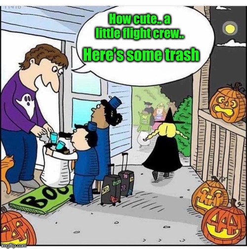 Trick, treat or trash??  | How cute.. a little flight crew.. Here’s some trash | image tagged in halloween,flight attendant,funny,meme,trick or treat | made w/ Imgflip meme maker
