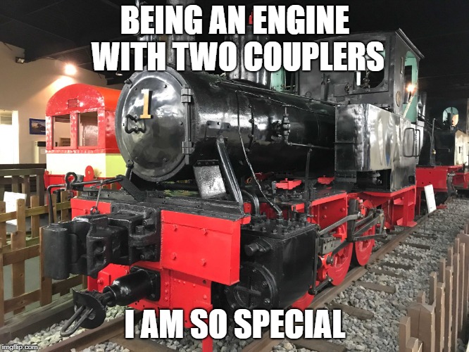 BEING AN ENGINE WITH TWO COUPLERS; I AM SO SPECIAL | image tagged in train | made w/ Imgflip meme maker
