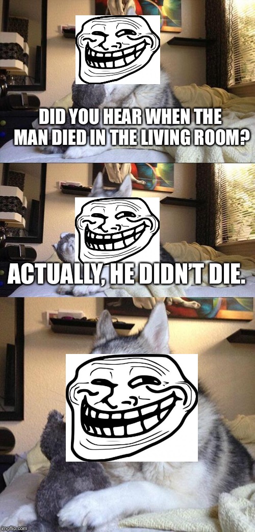 Bad Pun Dog Meme | DID YOU HEAR WHEN THE MAN DIED IN THE LIVING ROOM? ACTUALLY, HE DIDN’T DIE. | image tagged in memes,bad pun dog | made w/ Imgflip meme maker