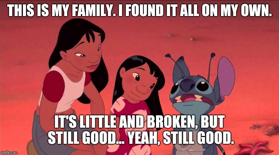 This is my family stitch | THIS IS MY FAMILY.
I FOUND IT ALL ON MY OWN. IT'S LITTLE AND BROKEN,
BUT STILL GOOD...
YEAH, STILL GOOD. | image tagged in this is my family stitch | made w/ Imgflip meme maker