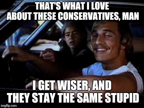 Dazed and confused | THAT'S WHAT I LOVE ABOUT THESE CONSERVATIVES, MAN; I GET WISER, AND THEY STAY THE SAME STUPID | image tagged in dazed and confused | made w/ Imgflip meme maker
