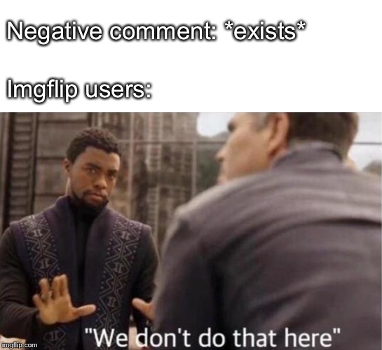 Something quite wholesome about this site | Imgflip users:; Negative comment: *exists* | image tagged in memes,we don't do that here,imgflip users,negative,comment,wholesome | made w/ Imgflip meme maker