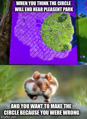 Fortnite's circle | WHEN YOU THINK THE CIRCLE WILL END NEAR PLEASENT PARK; AND YOU WANT TO MAKE THE CIRCLE BECAUSE YOU WERE WRONG | image tagged in fortnite meme,fortnite,fortnite memes,circle,storm,hamster | made w/ Imgflip meme maker