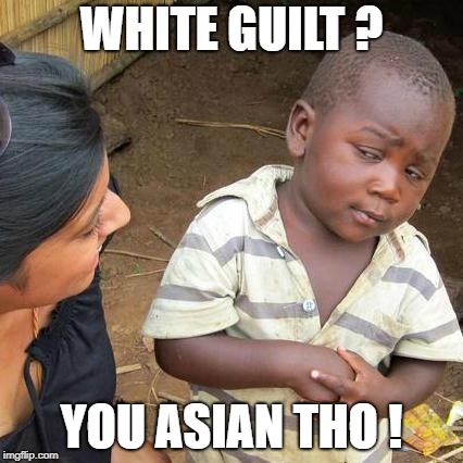 Third World Skeptical Kid Meme | WHITE GUILT ? YOU ASIAN THO ! | image tagged in memes,third world skeptical kid | made w/ Imgflip meme maker