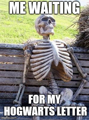 Waiting Skeleton Meme | ME WAITING; FOR MY HOGWARTS LETTER | image tagged in memes,waiting skeleton | made w/ Imgflip meme maker