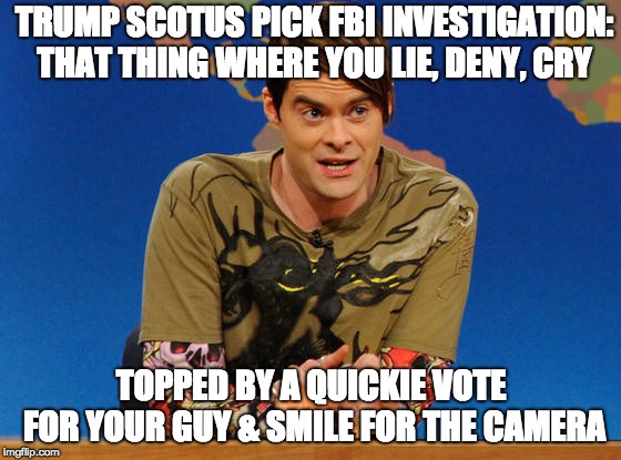 stephon | TRUMP SCOTUS PICK FBI INVESTIGATION: THAT THING WHERE YOU LIE, DENY, CRY; TOPPED BY A QUICKIE VOTE FOR YOUR GUY & SMILE FOR THE CAMERA | image tagged in stephon | made w/ Imgflip meme maker