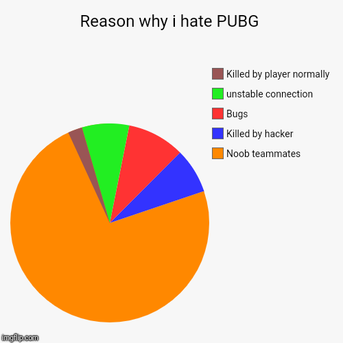 Reason why i hate PUBG | Noob teammates , Killed by hacker, Bugs, unstable connection , Killed by player normally | image tagged in funny,pie charts | made w/ Imgflip chart maker