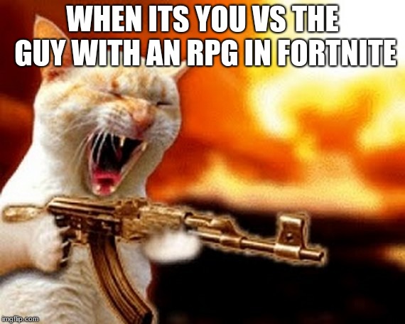 machine gun cat | WHEN ITS YOU VS THE GUY WITH AN RPG IN FORTNITE | image tagged in machine gun cat | made w/ Imgflip meme maker
