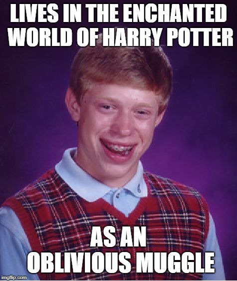 Bad Luck Brian Meme | LIVES IN THE ENCHANTED WORLD OF HARRY POTTER AS AN OBLIVIOUS MUGGLE | image tagged in memes,bad luck brian | made w/ Imgflip meme maker