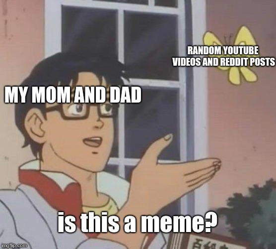 Is This A Pigeon Meme | RANDOM YOUTUBE VIDEOS AND REDDIT POSTS; MY MOM AND DAD; is this a meme? | image tagged in memes,is this a pigeon | made w/ Imgflip meme maker