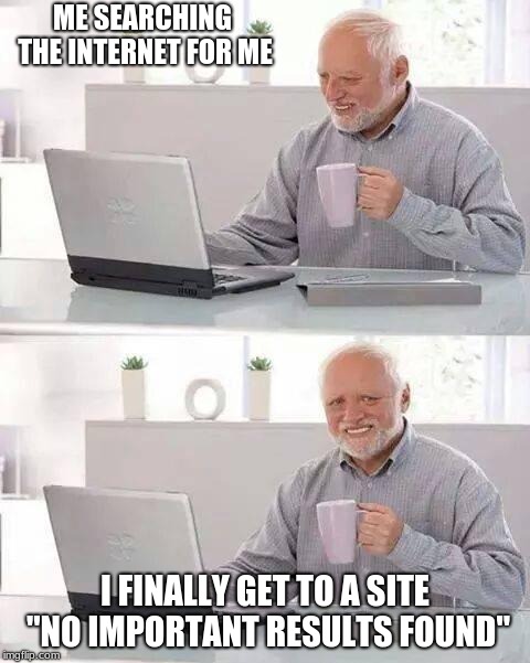 Hide the Pain Harold Meme | ME SEARCHING THE INTERNET FOR ME; I FINALLY GET TO A SITE "NO IMPORTANT RESULTS FOUND" | image tagged in memes,hide the pain harold | made w/ Imgflip meme maker