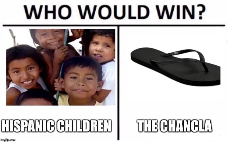 Who Would Win? Meme | HISPANIC CHILDREN; THE CHANCLA | image tagged in memes,who would win | made w/ Imgflip meme maker