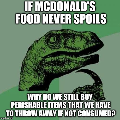 Philosoraptor | IF MCDONALD'S FOOD NEVER SPOILS; WHY DO WE STILL BUY PERISHABLE ITEMS THAT WE HAVE TO THROW AWAY IF NOT CONSUMED? | image tagged in memes,philosoraptor | made w/ Imgflip meme maker