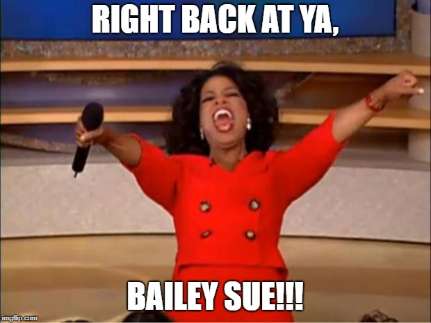 Oprah You Get A | RIGHT BACK AT YA, BAILEY SUE!!! | image tagged in memes,oprah you get a | made w/ Imgflip meme maker