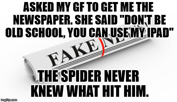 Sometimes you have to be old school | ASKED MY GF TO GET ME THE NEWSPAPER. SHE SAID "DON'T BE OLD SCHOOL, YOU CAN USE MY IPAD"; THE SPIDER NEVER KNEW WHAT HIT HIM. | image tagged in old school newspaper | made w/ Imgflip meme maker