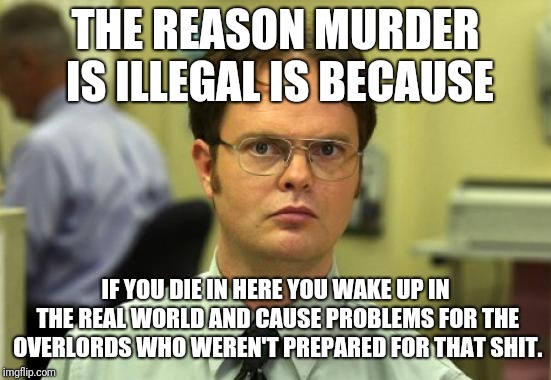 Dwight Schrute Meme | THE REASON MURDER IS ILLEGAL IS BECAUSE; IF YOU DIE IN HERE YOU WAKE UP IN THE REAL WORLD AND CAUSE PROBLEMS FOR THE OVERLORDS WHO WEREN'T PREPARED FOR THAT SHIT. | image tagged in memes,dwight schrute | made w/ Imgflip meme maker