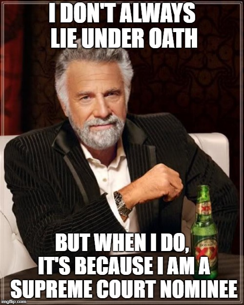The Most Interesting Man In The World Meme | I DON'T ALWAYS LIE UNDER OATH; BUT WHEN I DO, IT'S BECAUSE I AM A SUPREME COURT NOMINEE | image tagged in memes,the most interesting man in the world | made w/ Imgflip meme maker