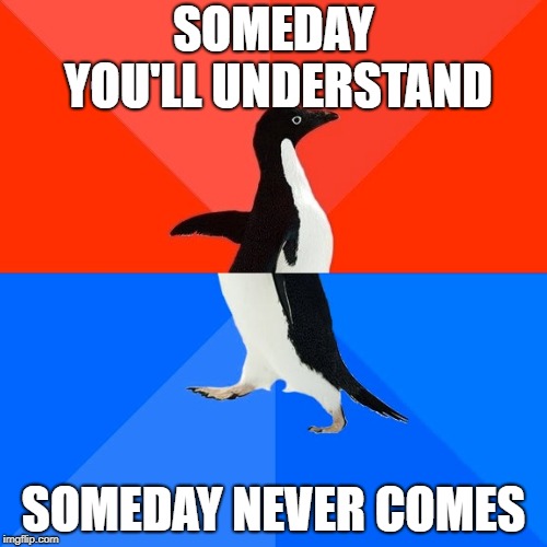 Daddy always said | SOMEDAY YOU'LL UNDERSTAND; SOMEDAY NEVER COMES | image tagged in memes,socially awesome awkward penguin | made w/ Imgflip meme maker