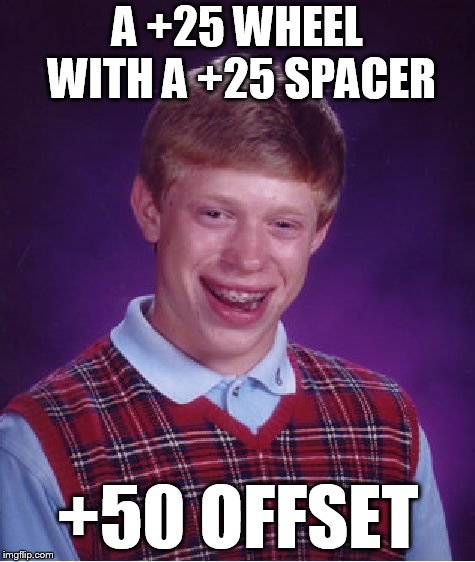 Bad Luck Brian Meme | A +25 WHEEL WITH A +25 SPACER; +50 OFFSET | image tagged in memes,bad luck brian | made w/ Imgflip meme maker