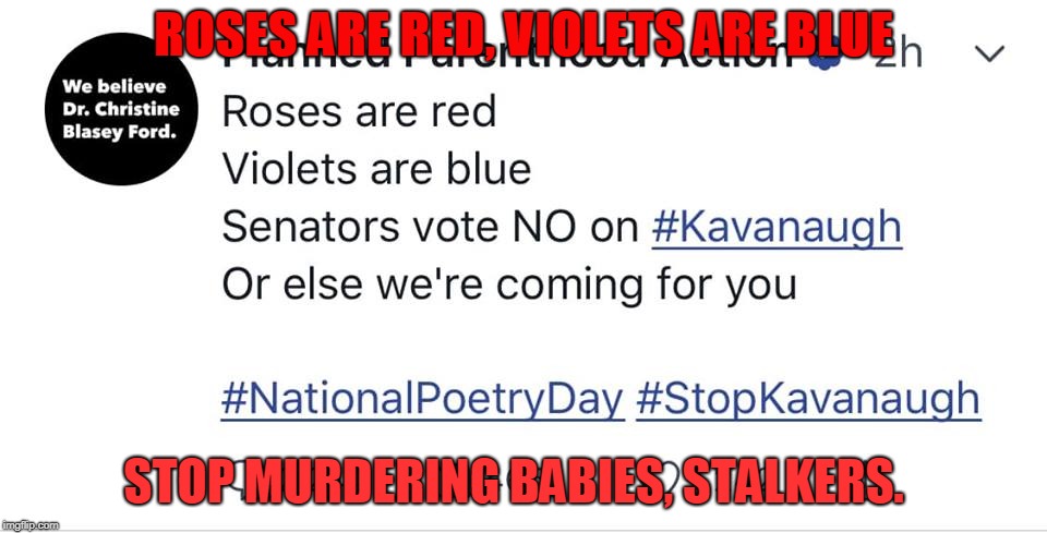 ROSES ARE RED, VIOLETS ARE BLUE; STOP MURDERING BABIES, STALKERS. | image tagged in planned parenthood | made w/ Imgflip meme maker