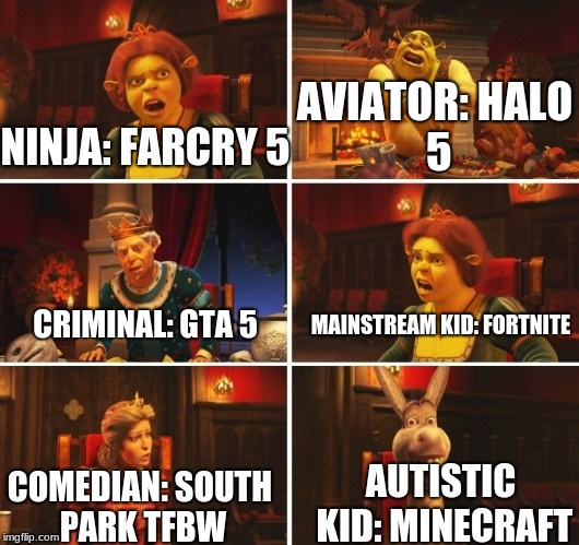 What is the best video game? | AVIATOR:
HALO 5; NINJA:
FARCRY 5; MAINSTREAM KID: FORTNITE; CRIMINAL:
GTA 5; AUTISTIC KID:
MINECRAFT; COMEDIAN:
SOUTH PARK TFBW | image tagged in shrek fiona harold donkey | made w/ Imgflip meme maker
