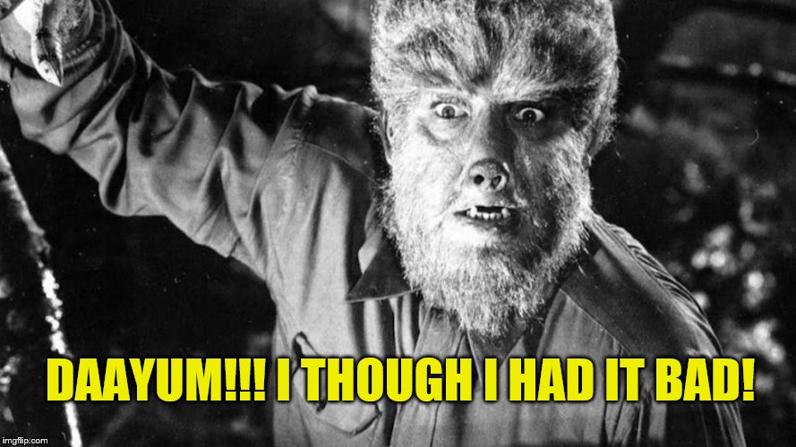 The Wolf Man | DAAYUM!!! I THOUGH I HAD IT BAD! | image tagged in the wolf man | made w/ Imgflip meme maker