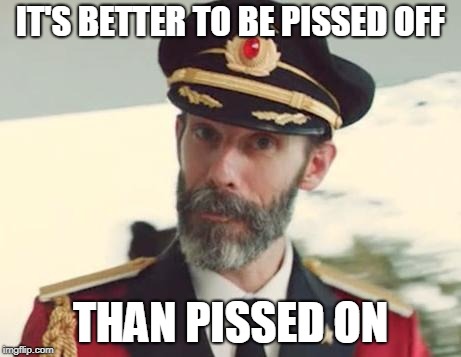 Captain Obvious | IT'S BETTER TO BE PISSED OFF; THAN PISSED ON | image tagged in captain obvious | made w/ Imgflip meme maker