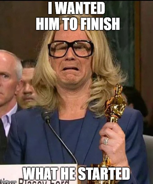 Dr Ford | I WANTED HIM TO FINISH; WHAT HE STARTED | image tagged in dr ford,dr christine blasey ford,brett kavanaugh | made w/ Imgflip meme maker