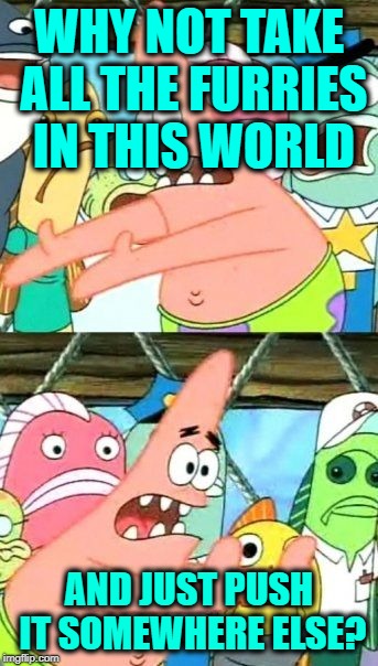 Put It Somewhere Else Patrick Meme | WHY NOT TAKE ALL THE FURRIES IN THIS WORLD; AND JUST PUSH IT SOMEWHERE ELSE? | image tagged in memes,put it somewhere else patrick | made w/ Imgflip meme maker