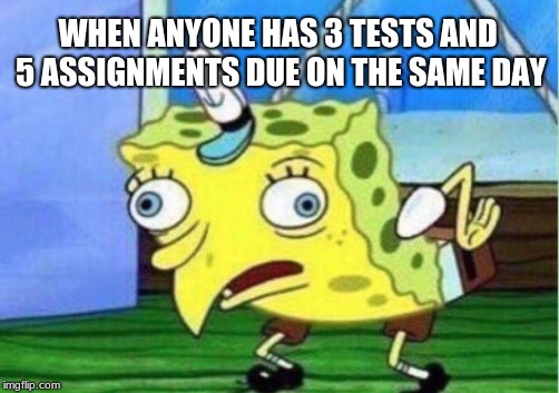 Mocking Spongebob Meme | WHEN ANYONE HAS 3 TESTS AND 5 ASSIGNMENTS DUE ON THE SAME DAY | image tagged in memes,mocking spongebob | made w/ Imgflip meme maker