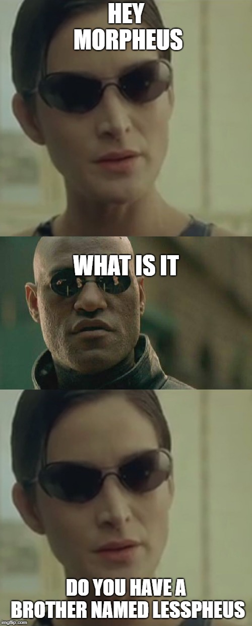 HEY MORPHEUS; WHAT IS IT; DO YOU HAVE A BROTHER NAMED LESSPHEUS | image tagged in matrix,trinity,morpheus | made w/ Imgflip meme maker