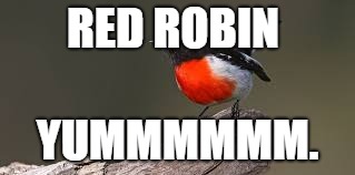 RED ROBIN; YUMMMMMM. | image tagged in robin,red | made w/ Imgflip meme maker