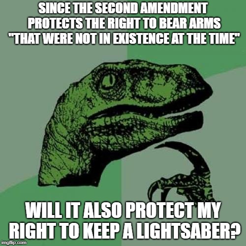 Assuming that they become a reality at some point | SINCE THE SECOND AMENDMENT PROTECTS THE RIGHT TO BEAR ARMS "THAT WERE NOT IN EXISTENCE AT THE TIME"; WILL IT ALSO PROTECT MY RIGHT TO KEEP A LIGHTSABER? | image tagged in memes,philosoraptor,second amendment,right to bear arms,lightsaber | made w/ Imgflip meme maker