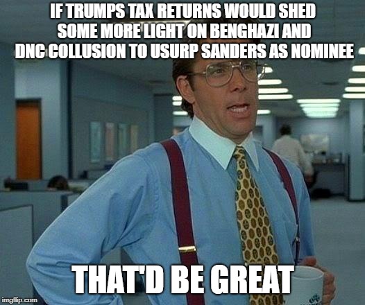 That Would Be Great Meme | IF TRUMPS TAX RETURNS WOULD SHED SOME MORE LIGHT ON BENGHAZI AND DNC COLLUSION TO USURP SANDERS AS NOMINEE THAT'D BE GREAT | image tagged in memes,that would be great | made w/ Imgflip meme maker