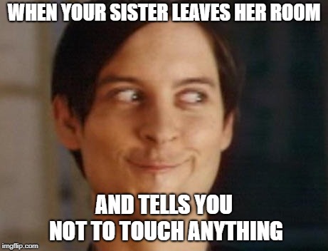 Spiderman Peter Parker | WHEN YOUR SISTER LEAVES HER ROOM; AND TELLS YOU NOT TO TOUCH ANYTHING | image tagged in memes,spiderman peter parker | made w/ Imgflip meme maker