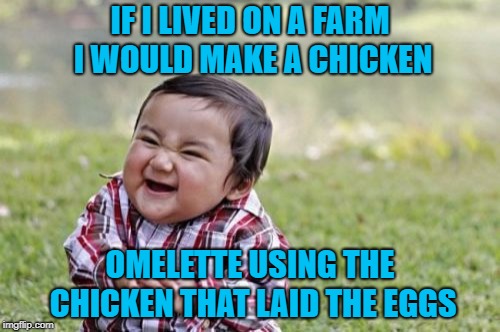 That seems pretty evil to me but still delicious!!! | IF I LIVED ON A FARM I WOULD MAKE A CHICKEN; OMELETTE USING THE CHICKEN THAT LAID THE EGGS | image tagged in memes,evil toddler,chicken omelette,funny,chicken  the egg,animals | made w/ Imgflip meme maker