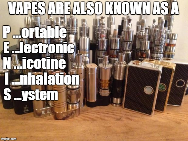 vaping | VAPES ARE ALSO KNOWN AS A; P ...ortable; E ...lectronic; N ...icotine; I ...nhalation; S ...ystem | image tagged in vaping | made w/ Imgflip meme maker