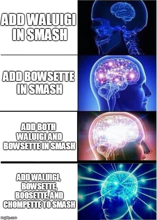 Expanding Brain Meme | ADD WALUIGI IN SMASH; ADD BOWSETTE IN SMASH; ADD BOTH WALUIGI AND BOWSETTE IN SMASH; ADD WALUIGI, BOWSETTE, BOOSETTE, AND CHOMPETTE TO SMASH | image tagged in memes,expanding brain | made w/ Imgflip meme maker